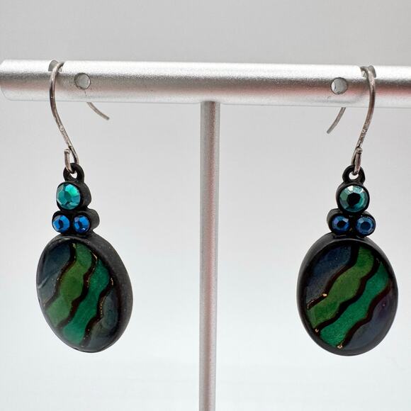 Chico’s Blue Green Metallic Enamel Stripe Rhinestone Earrings Mermaidcore Siren - Picture 6 of 11
